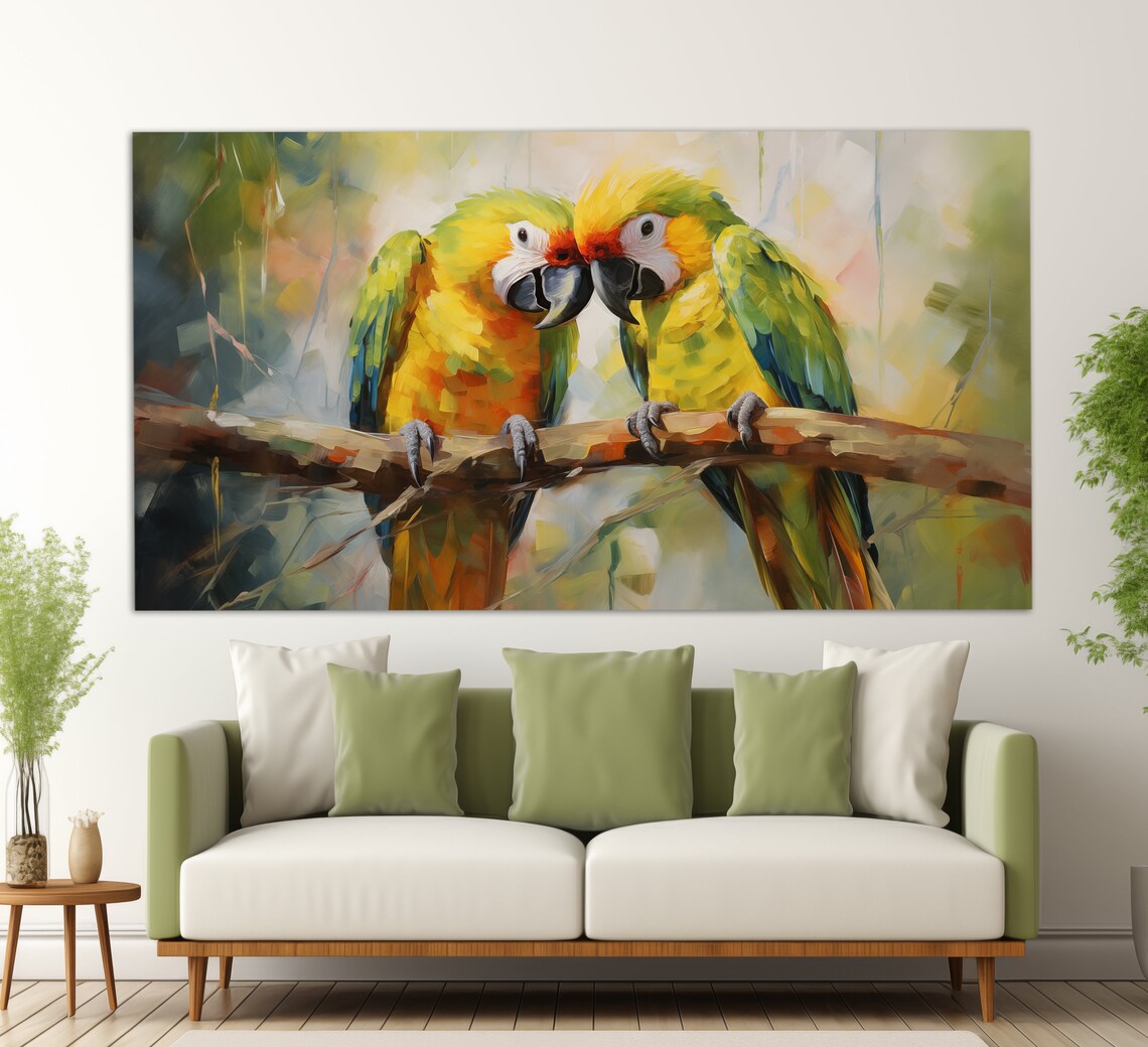 Macaw Parrot Couple Touching Beaks Colorful Oil Painting Wall Art - Image 4