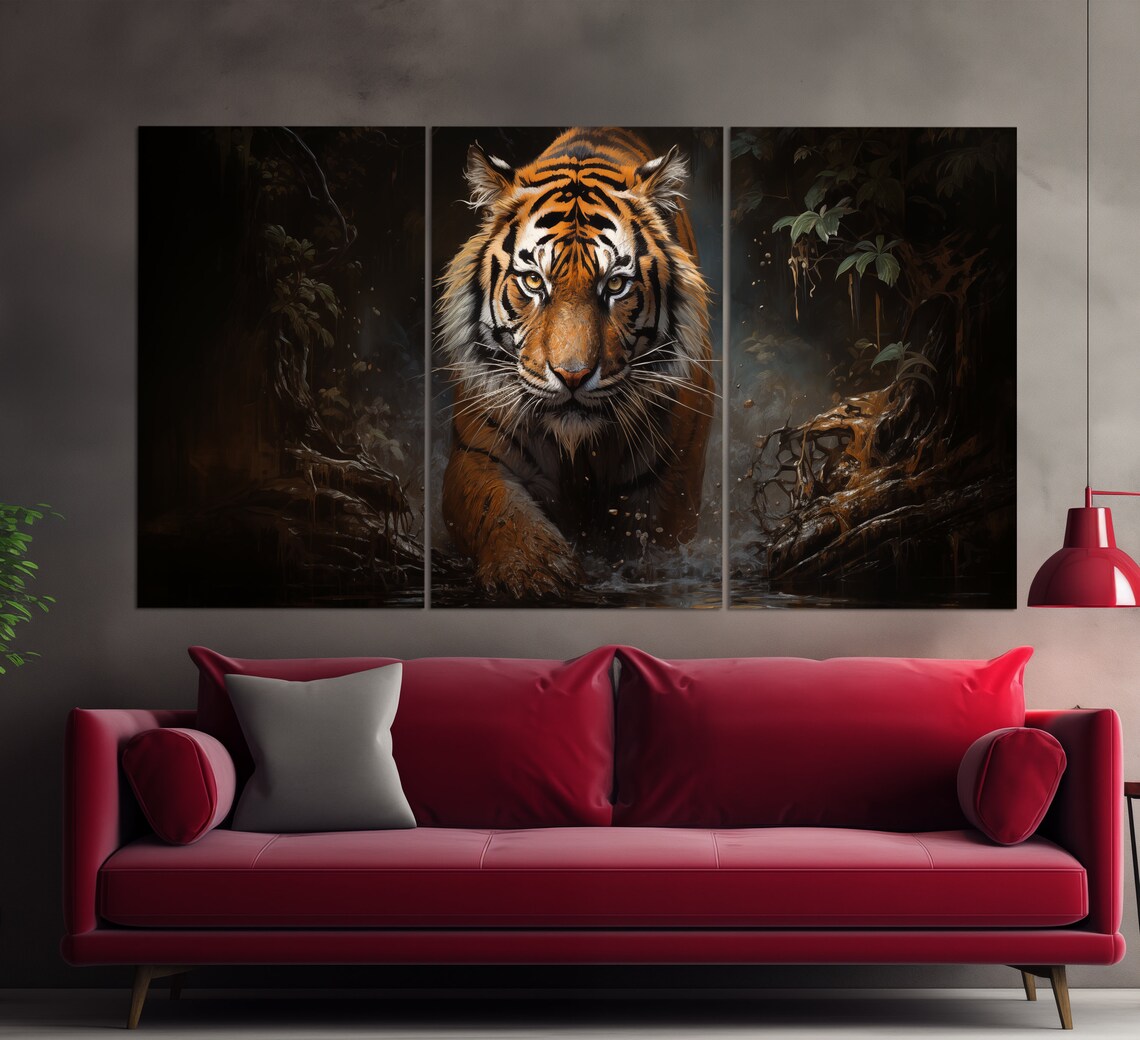 Majestic Tiger Dark Jungle Stream Intense Eyes Oil Painting Style Poster - Image 6