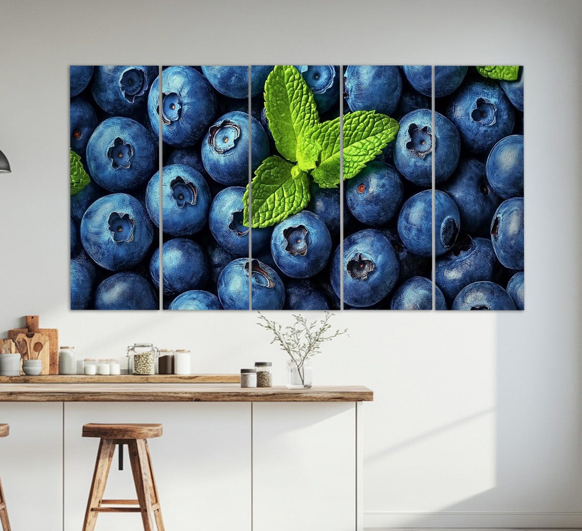 Fresh Blueberries Mint Leaves Macro Photography Kitchen Wall Art Print - Image 2
