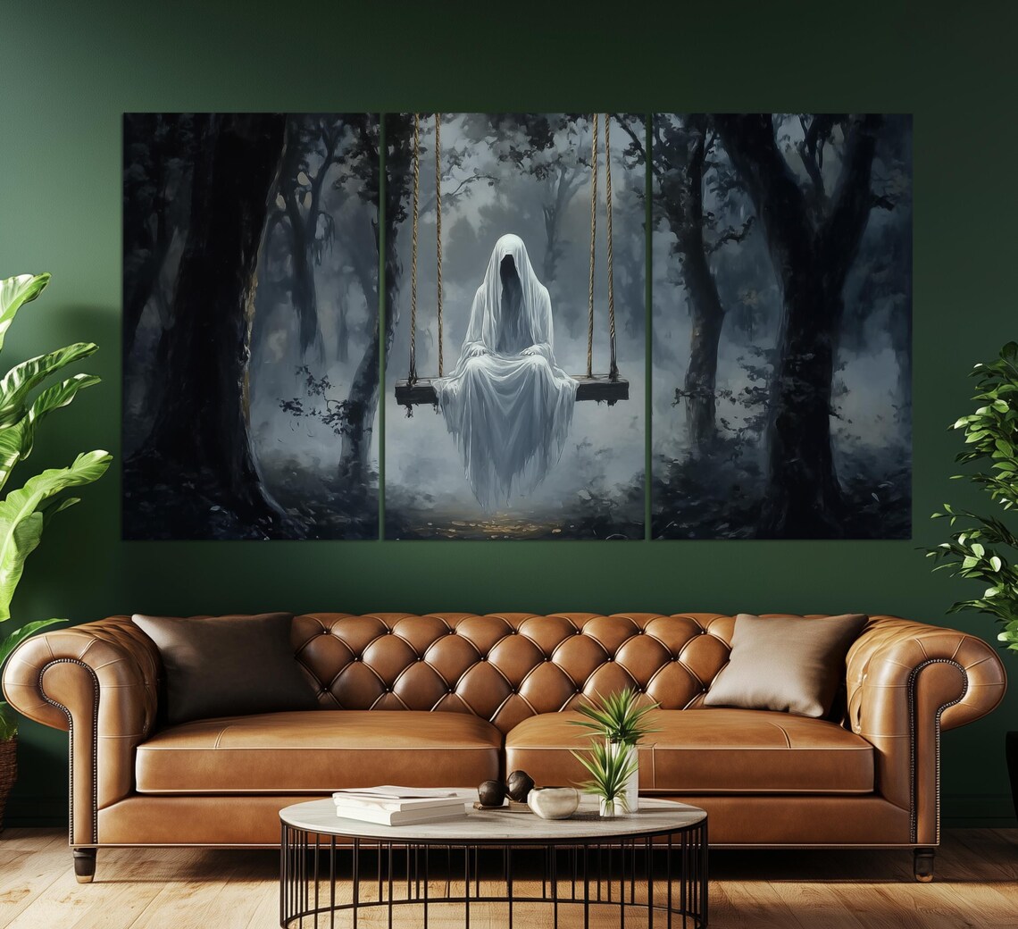 White Ghost Sitting On Swing In Misty Dark Forest Gothic Melancholy Poster - Image 3
