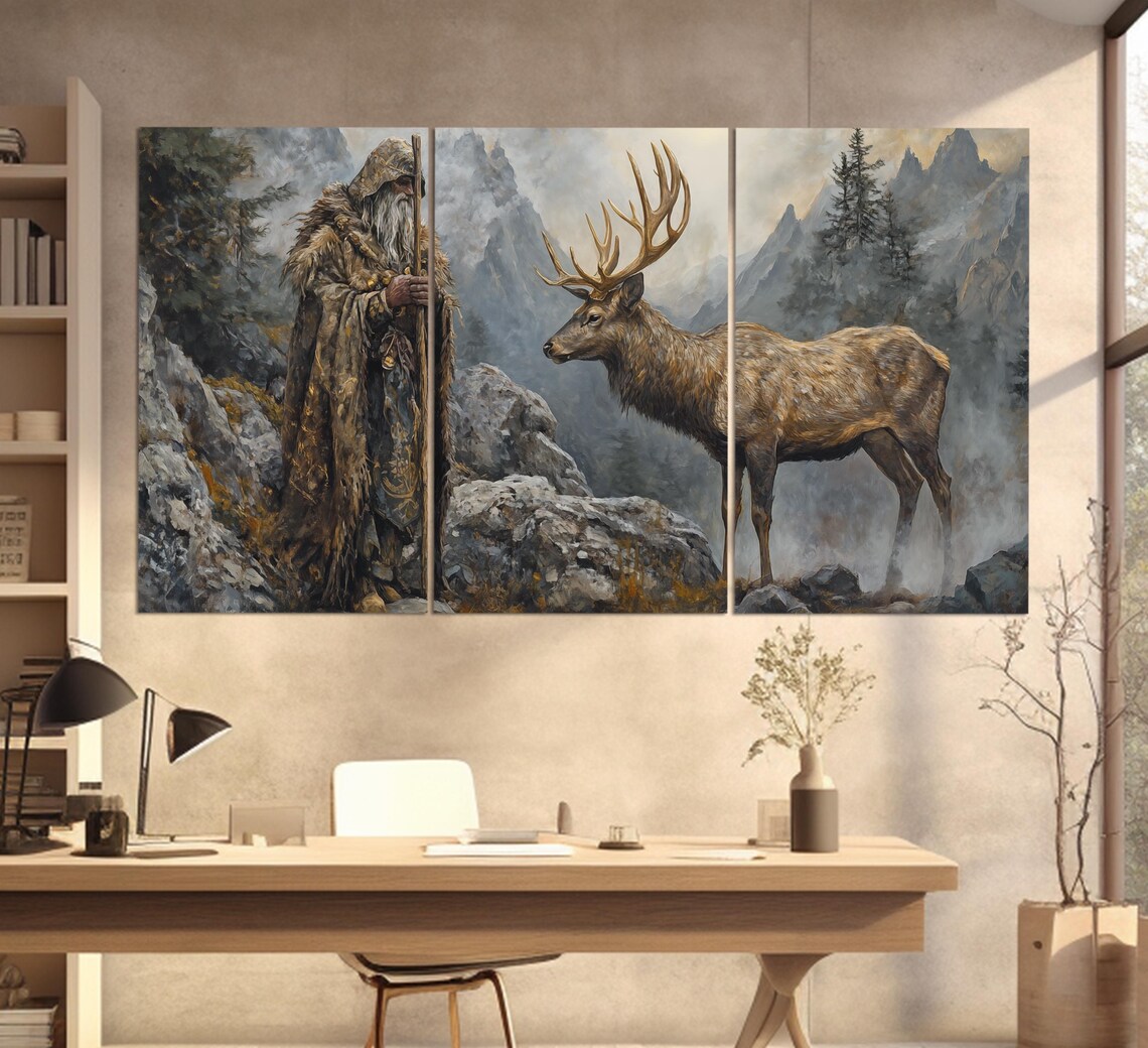 Mountain Shaman And Deer Vintage Oil Painting Mystical Fantasy Poster - Image 3