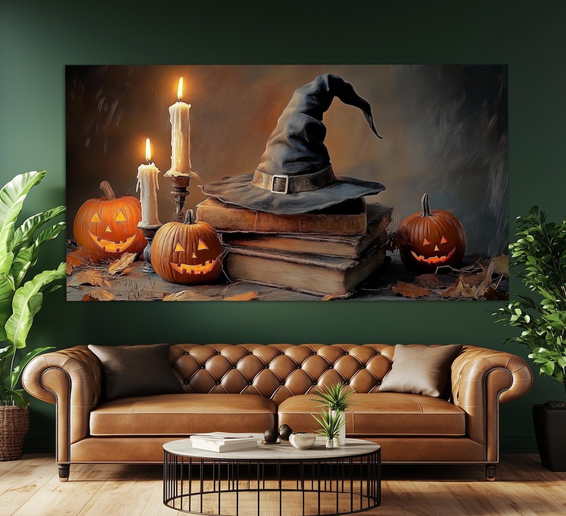 Witch Hat On Spell Books With Jack O Lanterns And Candles Halloween Poster