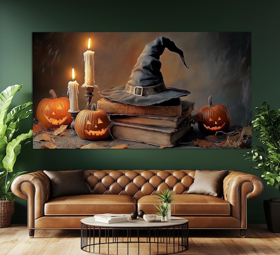 Witch Hat On Spell Books With Jack O Lanterns And Candles Halloween Poster