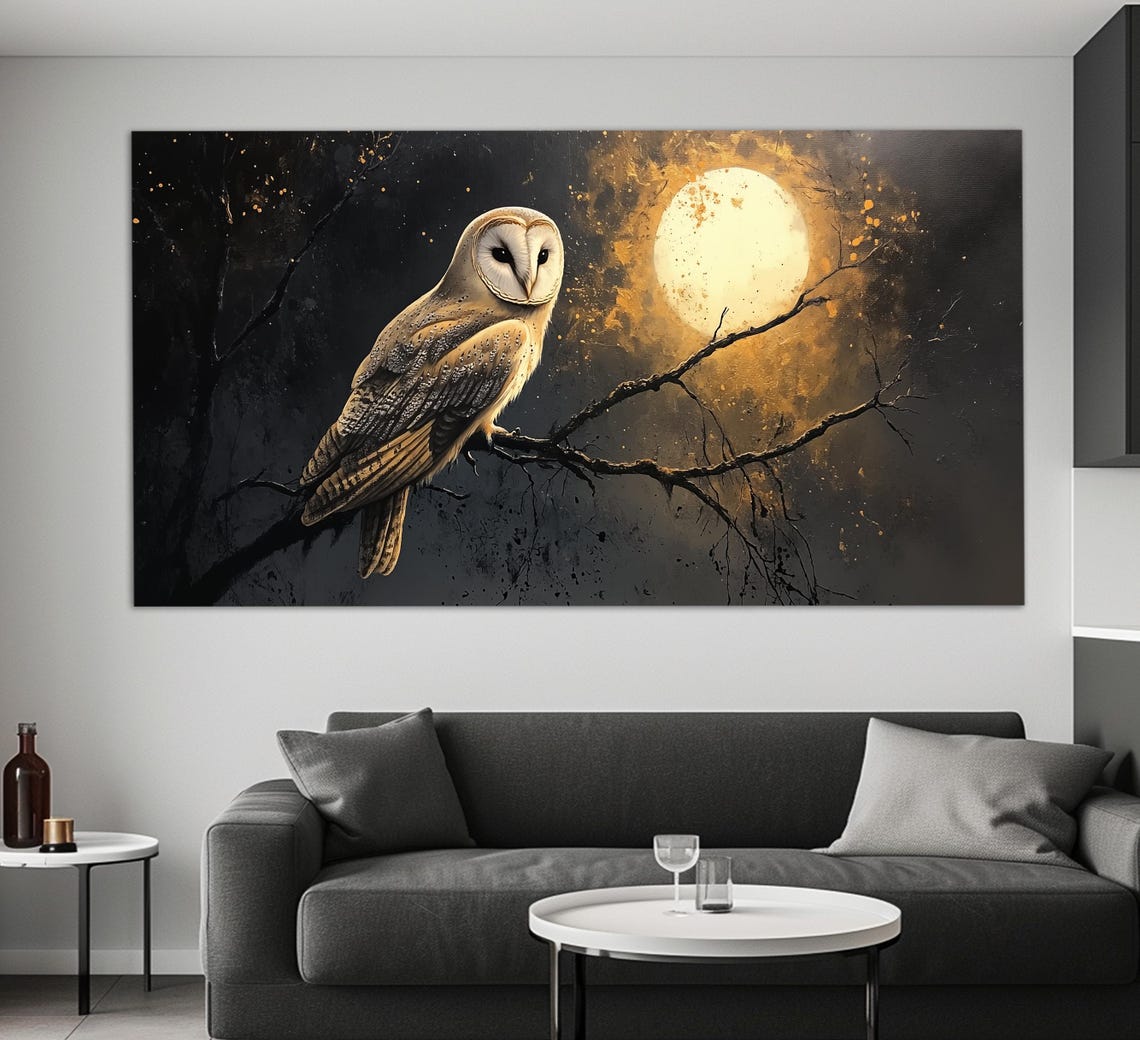 Barn Owl On Branch At Night With Golden Full Moon Vintage Style Poster