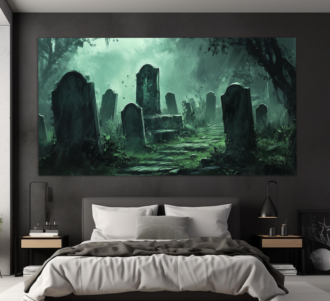 Misty Green Graveyard Old Tombstones Eerie Gothic Horror Atmosphere Poster - Image 5
