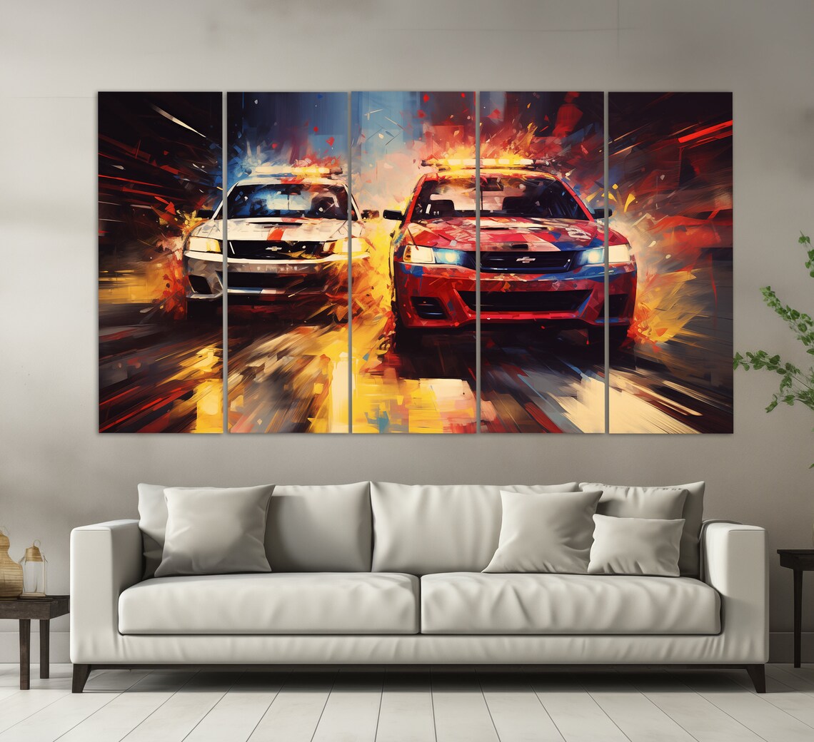 Vintage Police Cars In Motion Classic Retro Oil Painting Style Poster - Image 2
