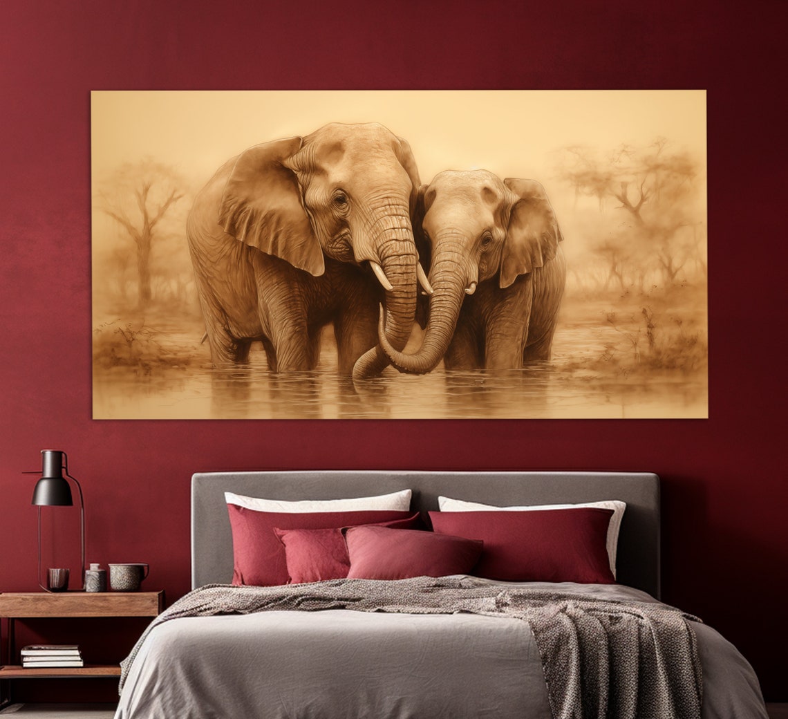 Elephant Couple Trunks Intertwined Water Sepia Golden Wildlife Poster - Image 4