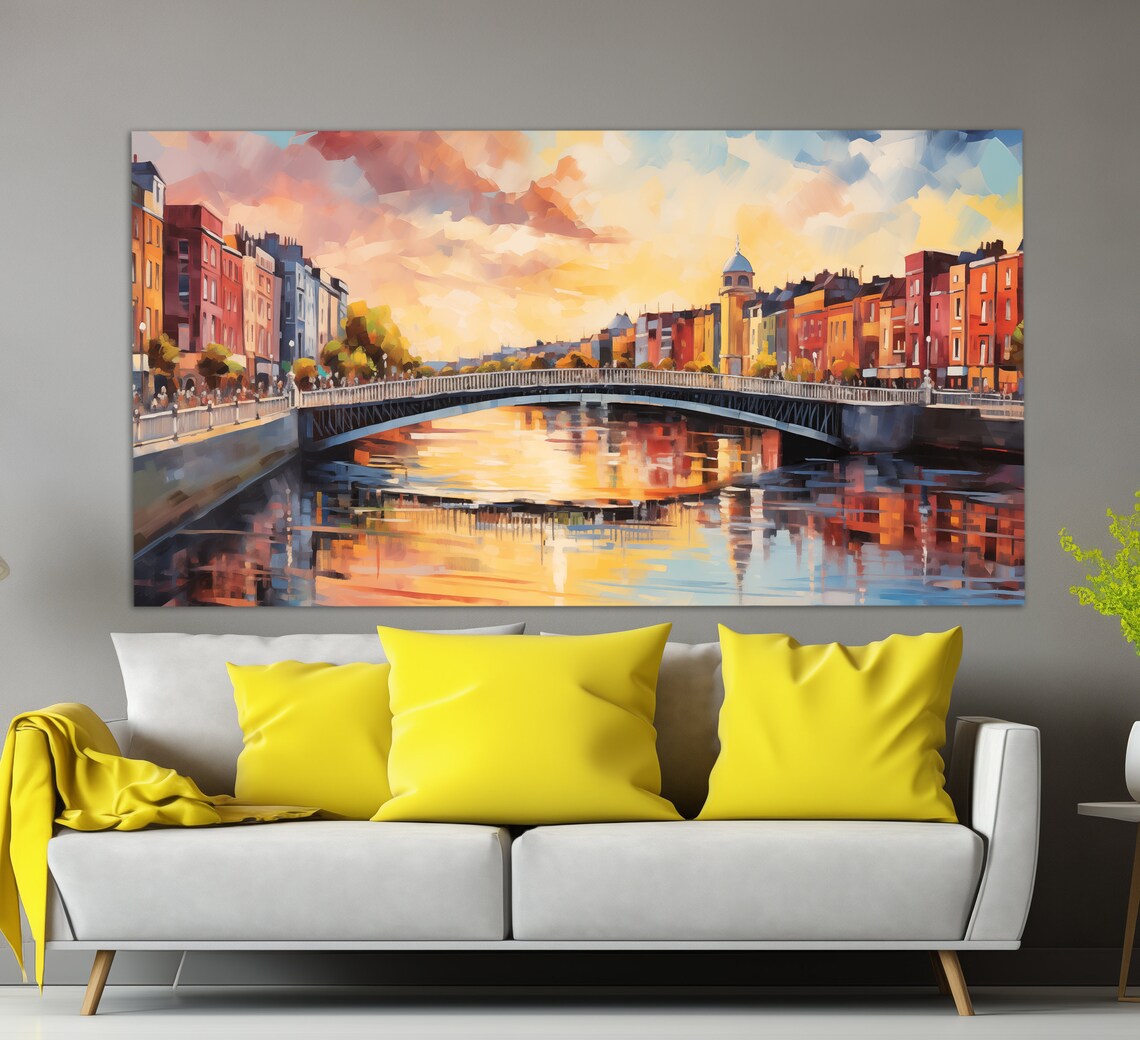 Sunset Over Dublin Bridge, Colorful Travel Poster