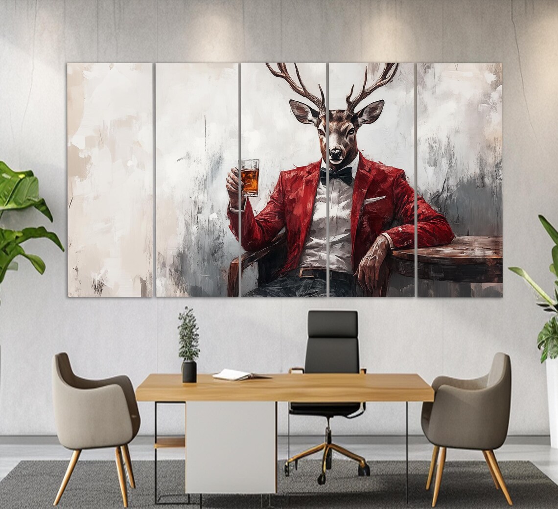 Dapper Stag In Red Tuxedo Holding Whiskey Glass Fun Pub Man Cave Art Poster - Image 2