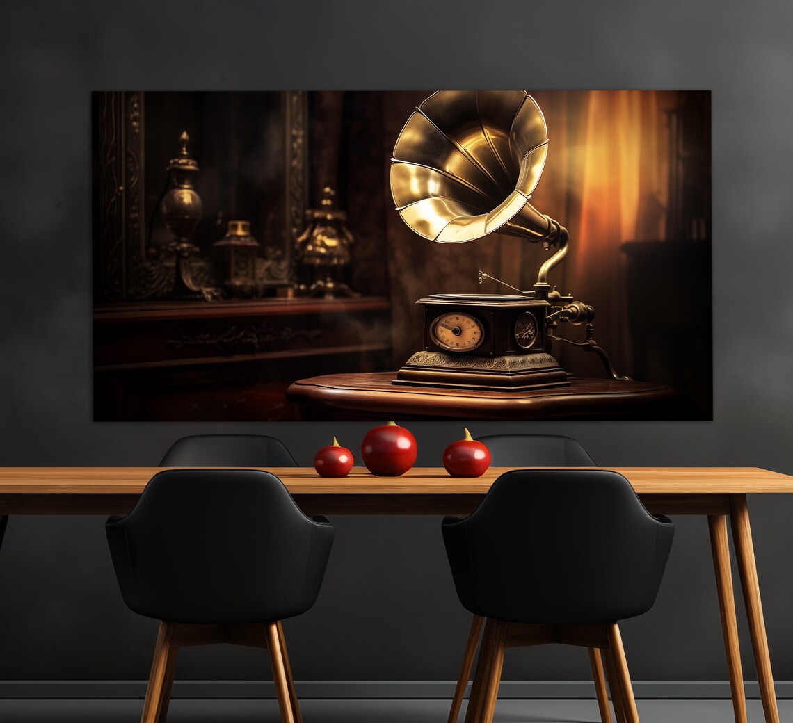 Vintage Brass Horn Gramophone Warm Dark Interior Music Room Wall Art Poster - Image 4