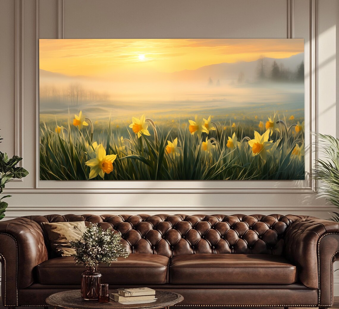 Foggy Dawn Over Narcissus Field, Romantic Art Print - Image 4