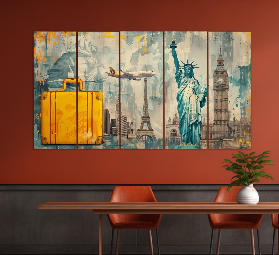 World Landmarks Suitcase Airplane Statue Liberty Eiffel Travel Poster - Image 2