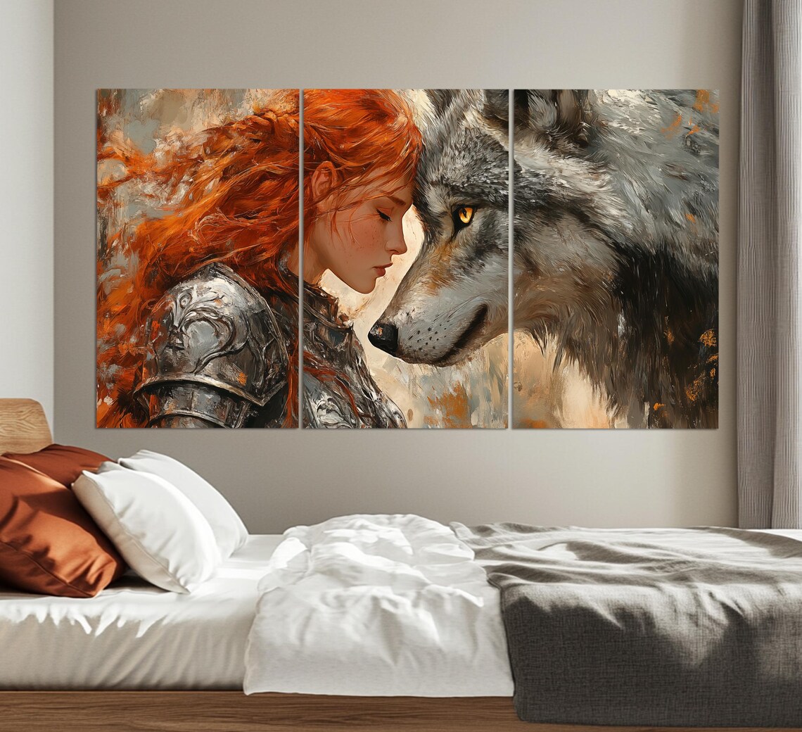 Loyal Wolf and Red-Haired Lady Warrior Art Print - Image 3