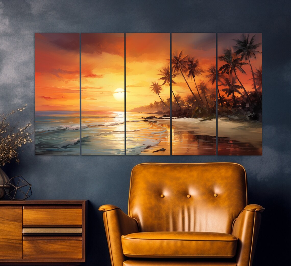 Sunset On Tropical Beach Art Print, Palm Seascape - Image 4