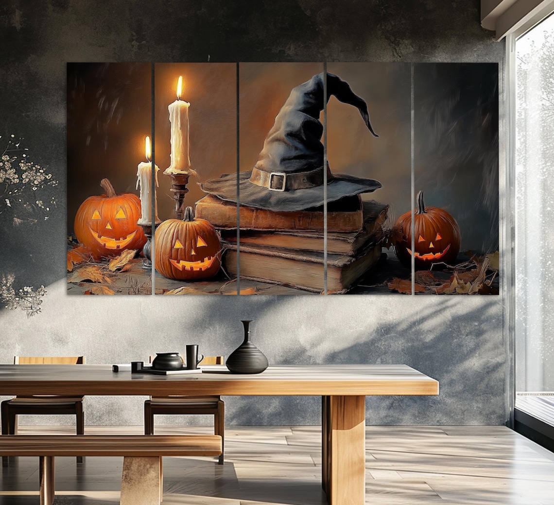 Witch Hat On Spell Books With Jack O Lanterns And Candles Halloween Poster - Image 5