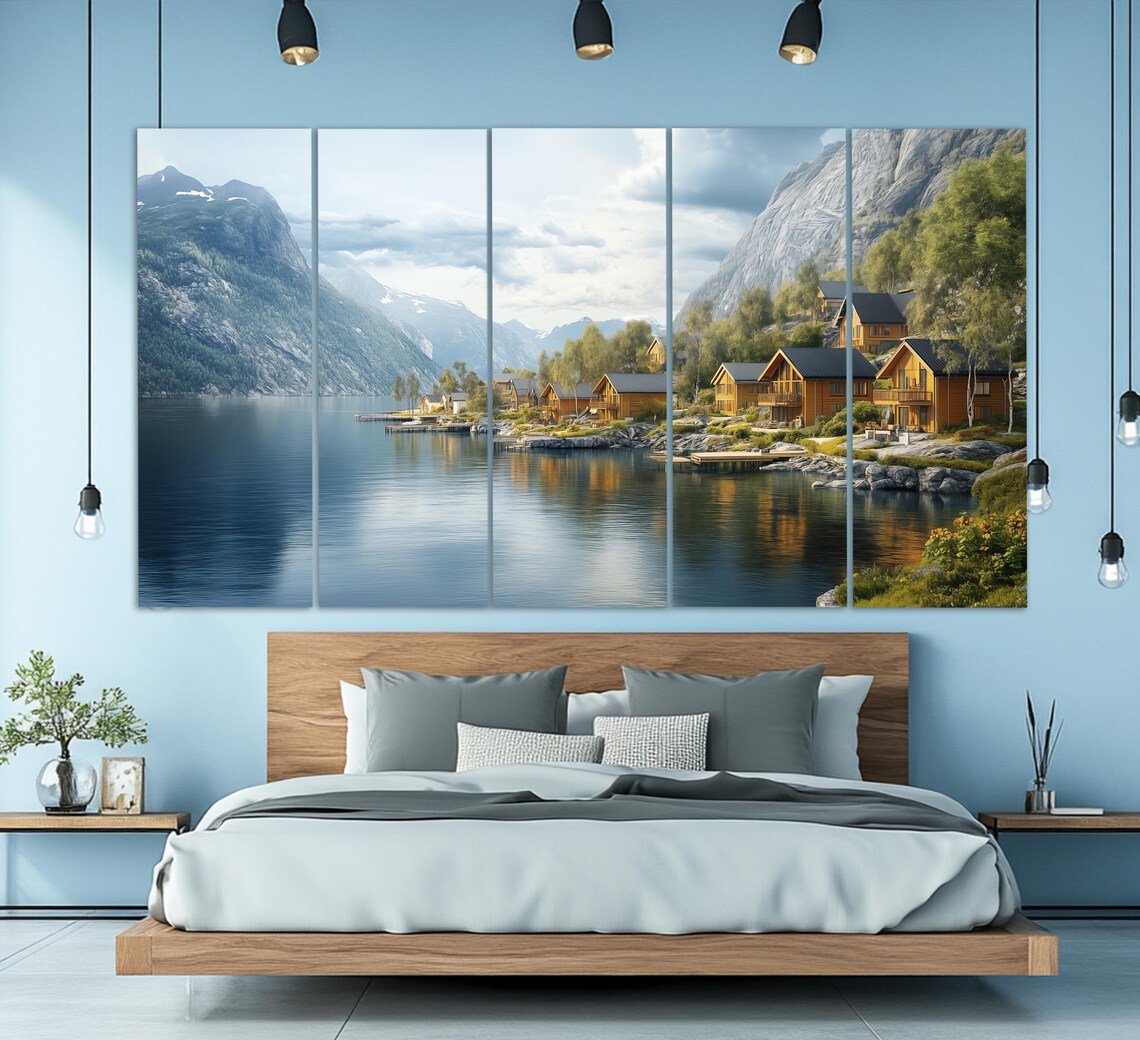 Norwegian Fjord Village Wooden Cabins By Calm Water And Cliffs Poster - Image 2