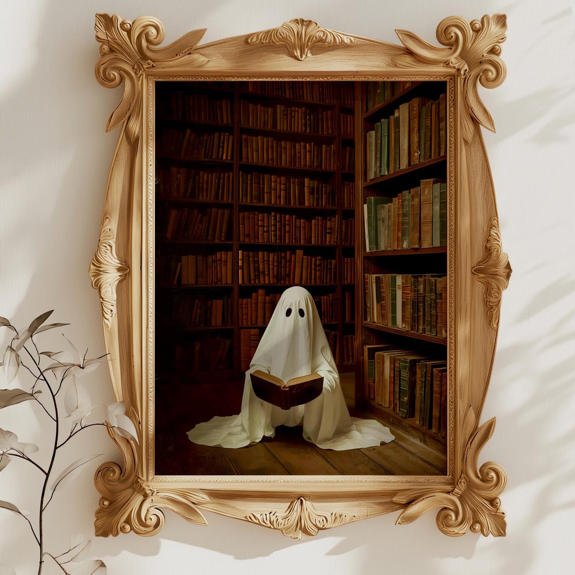Cute Ghost Reading Book In Library Halloween Spooky Art Poster