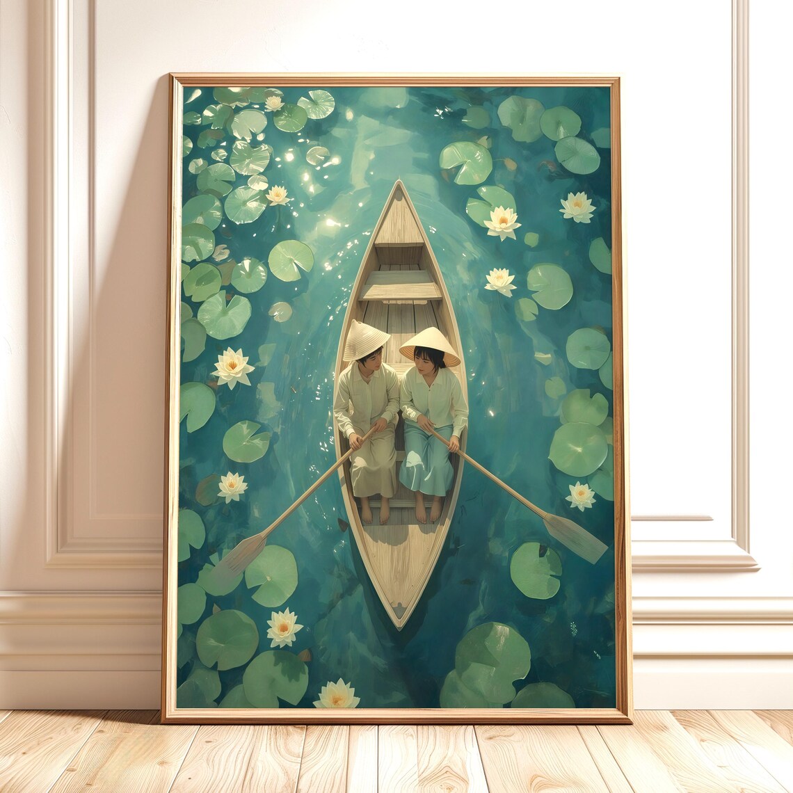 Zen Lotus Pond Wooden Boat Watercolor Tranquil Asia Scene Poster