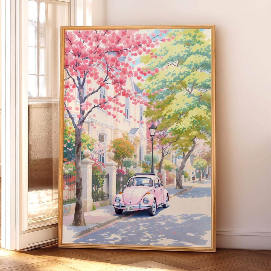 Pink Vintage Volkswagen Beetle Cherry Blossom Street Spring Poster
