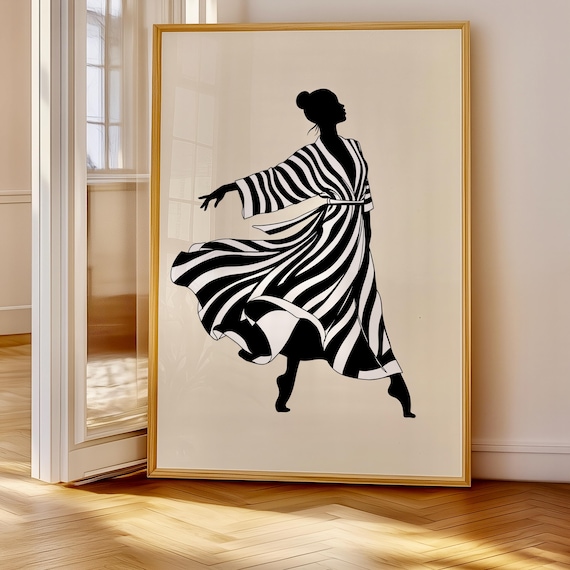Minimalist Dancer Silhouette Striped Dress Black White Art Poster