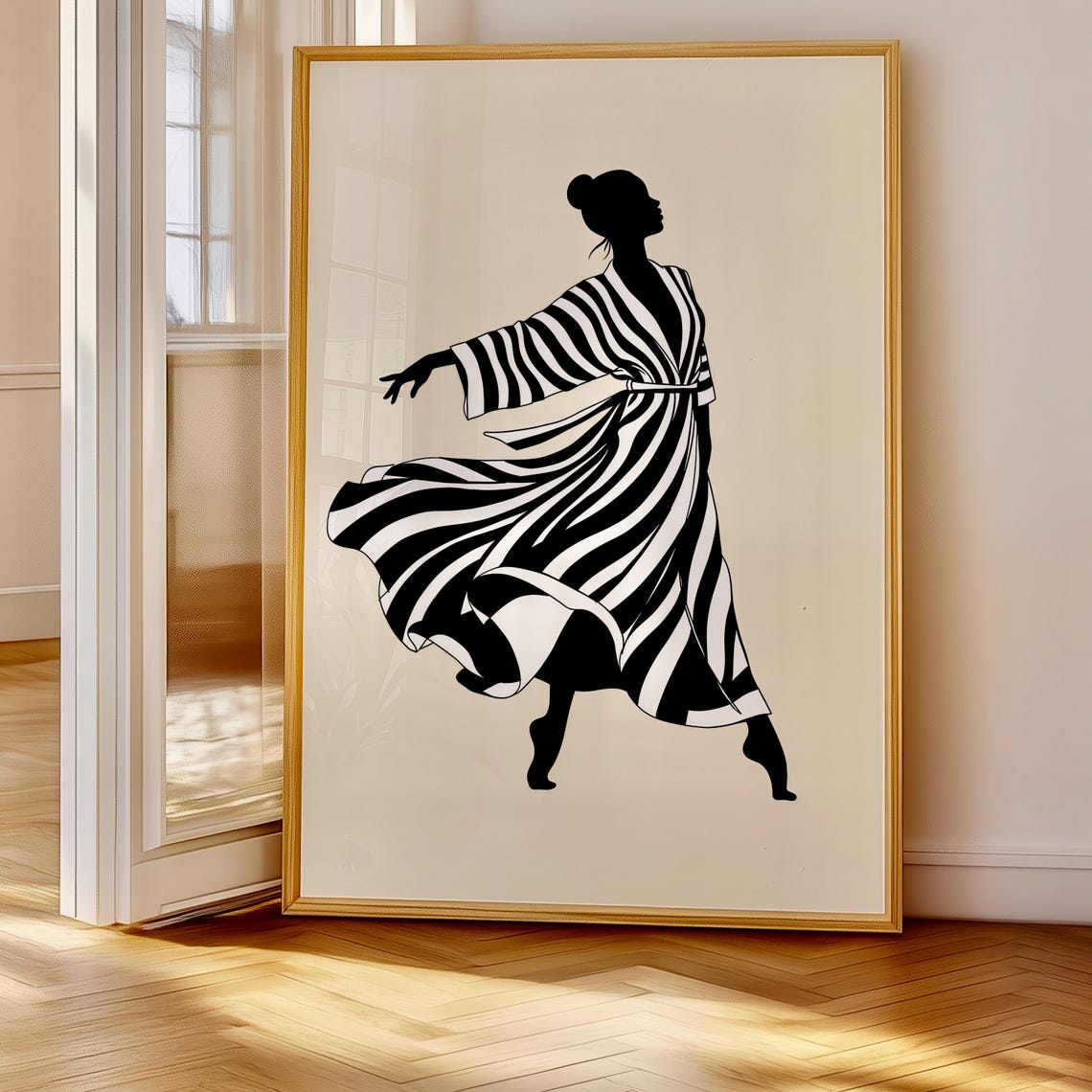Minimalist Dancer Silhouette Striped Dress Black White Art Poster