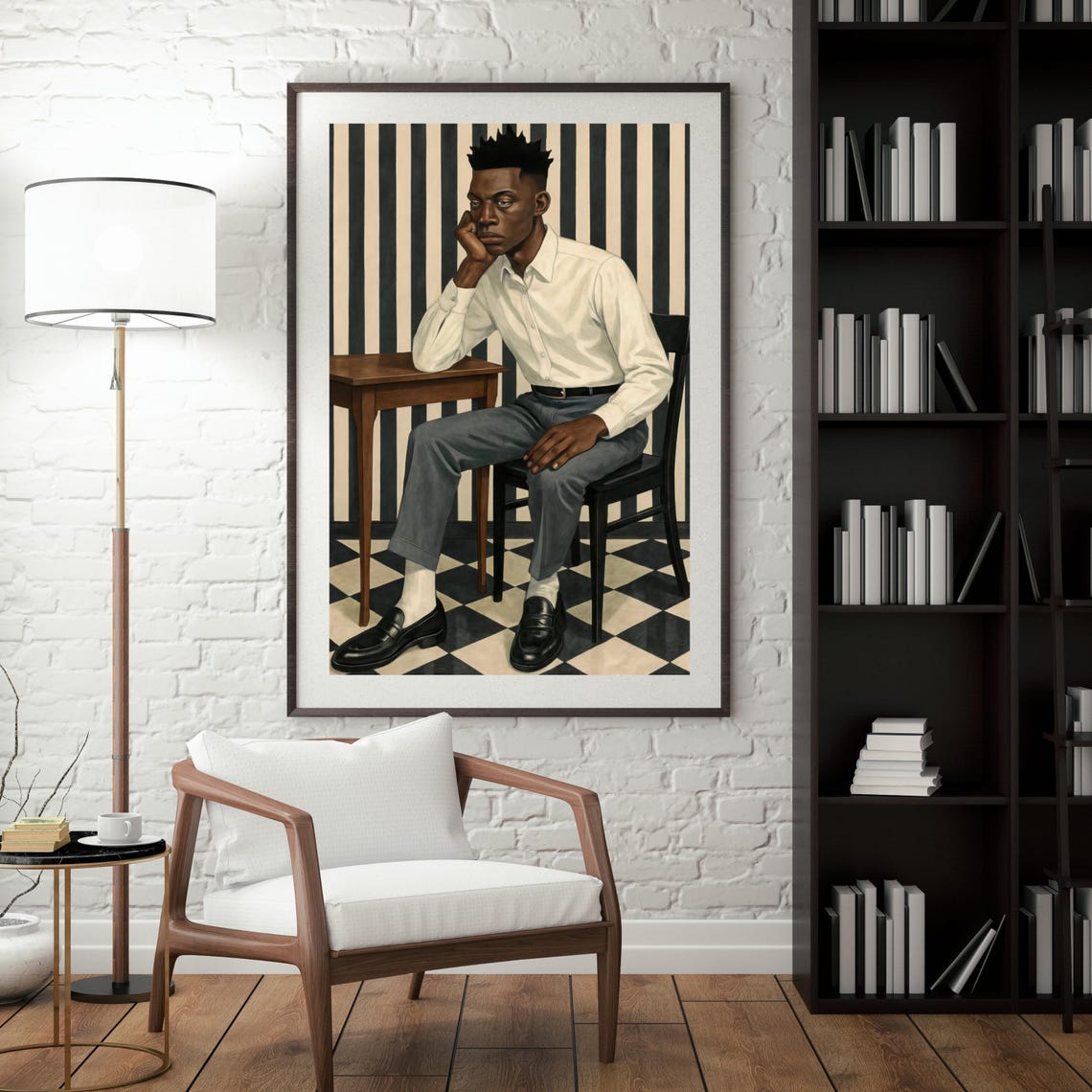 At The Table Young Man Striped Wall Painted Male Portrait Art Poster