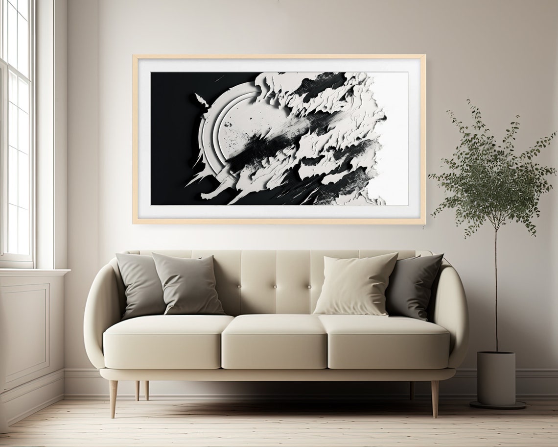 Monochrome Black White Splash Paint Circular Burst Abstract Art Poster - Image 2