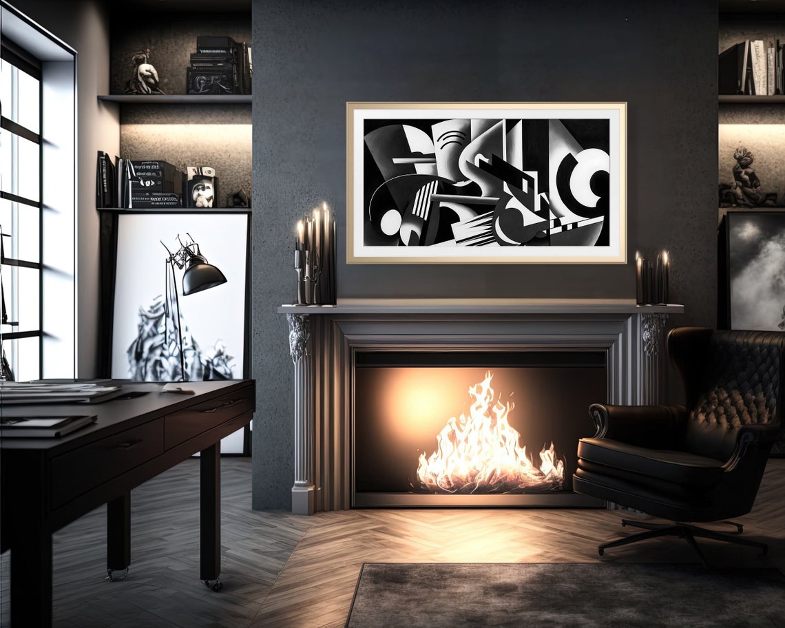 Dark Cubist Monochrome Abstract Angular Forms Black White Art Poster - Image 2