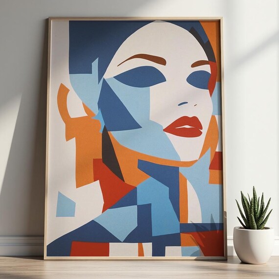 Abstract Woman Portrait Print Mid Century Modern Geometric Face Art