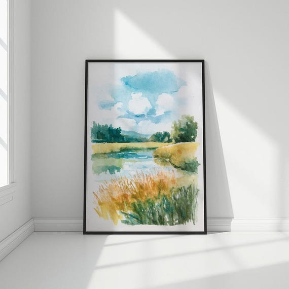 Watercolor Landscape Art Print Wall Of Nature Lake And Fields Modern Rustic Home Decor Instant Poster