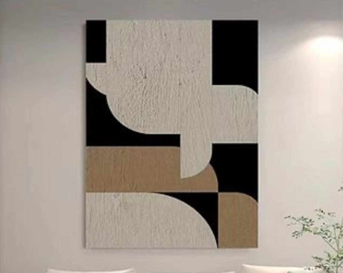 Black Geometric Blocks Tan Textured Modern Abstract Art Poster