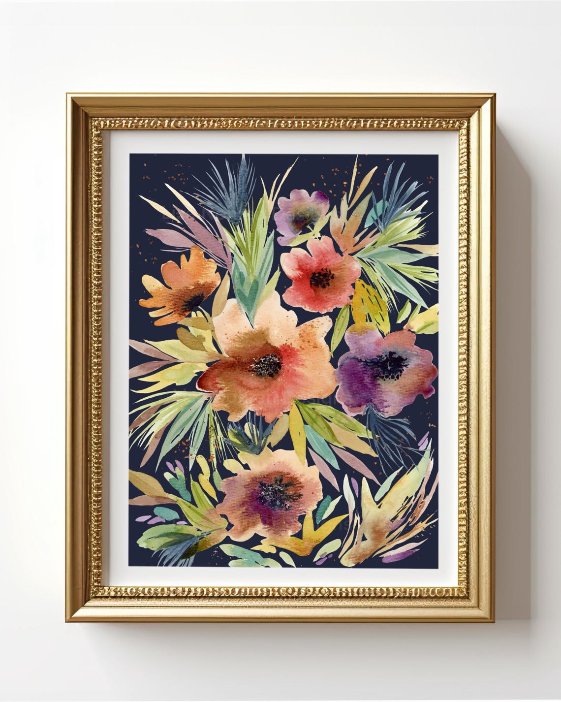 Watercolor Floral Bouquet on Navy Background Botanical Print