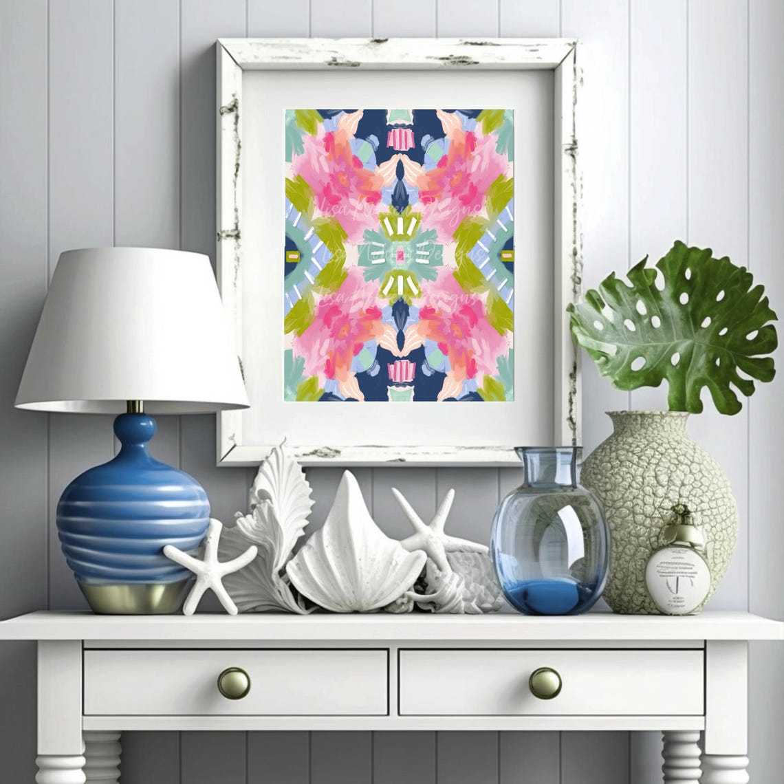 Pink Navy Teal Ikat Abstract Kaleidoscope Modern Decor Art Poster