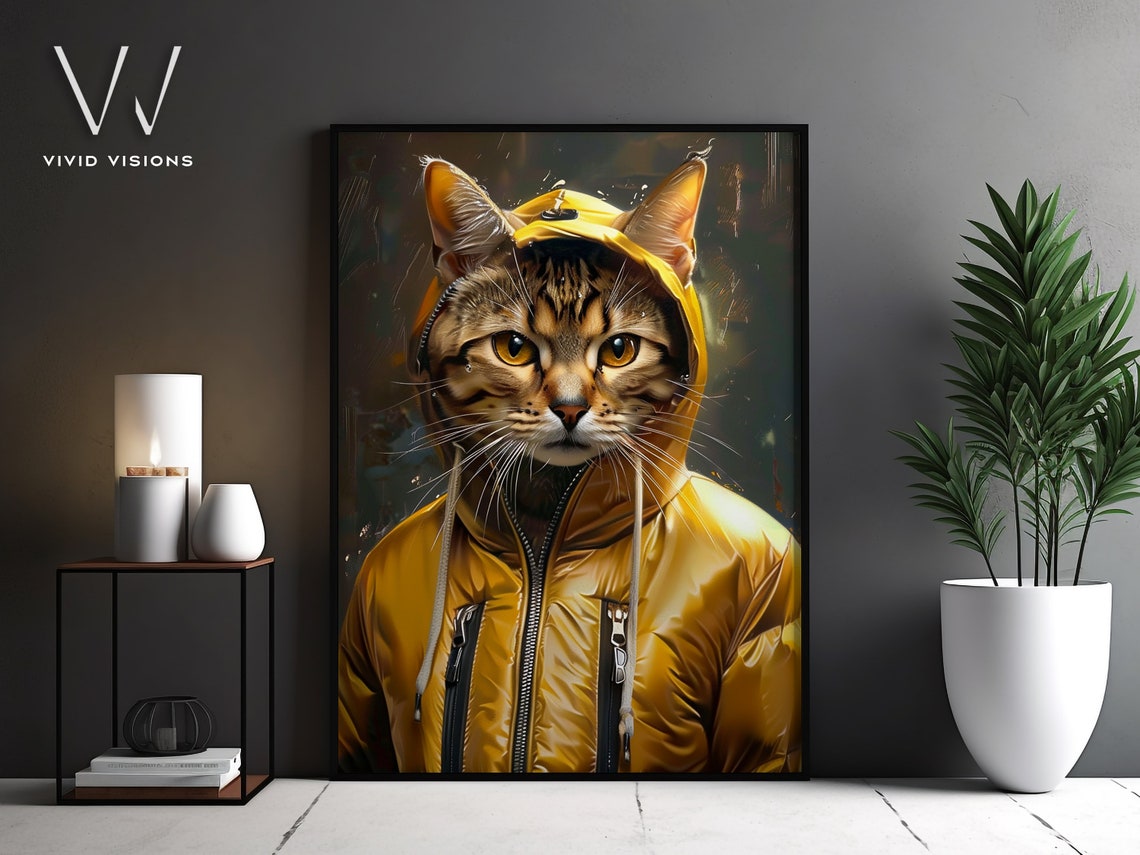 Modern Cat Portrait Stylish Animal Art Trendy Cat In Yellow Hoodie Contemporary Wall Art Vintage Style Poster Unframed Art 1327