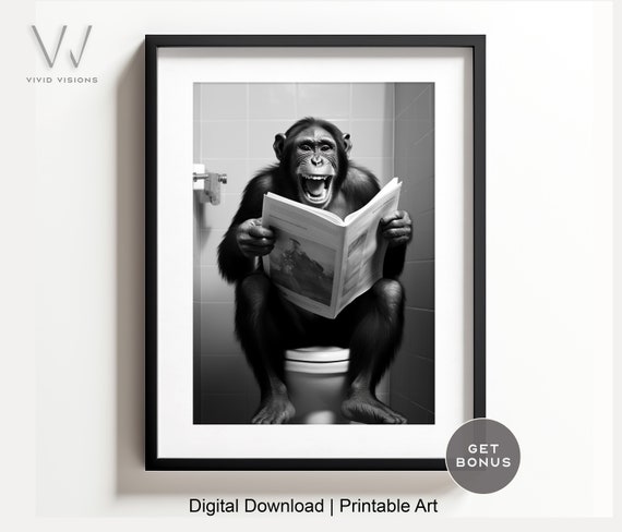 Monkey Sitting On The Toilet, Rustic Bath Art Print