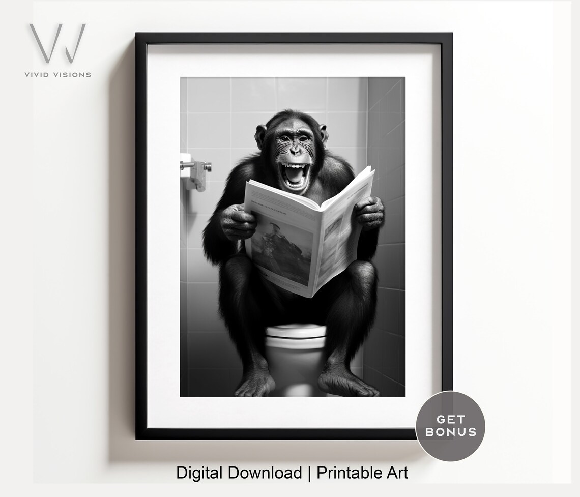 Monkey Sitting On The Toilet, Rustic Bath Art Print