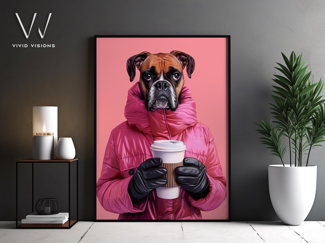 Boxer Dog in Pink Puffer Coat Holding Coffee Cute Winter Pet Poster