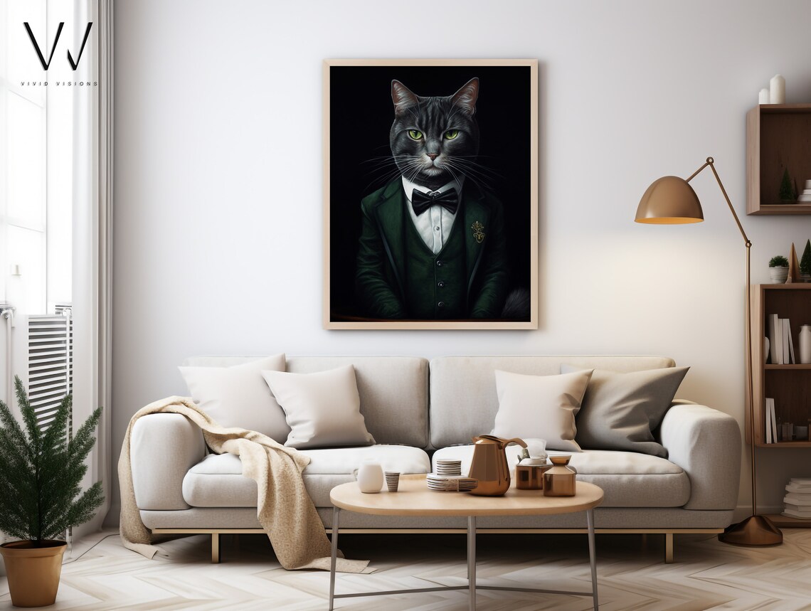 Gray Tabby Cat Portrait Green Suit Black Bow Tie Gentleman Poster - Image 3