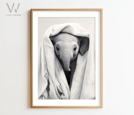 Baby Elephant Peeking Out of a Soft White Towel Nursery Poster