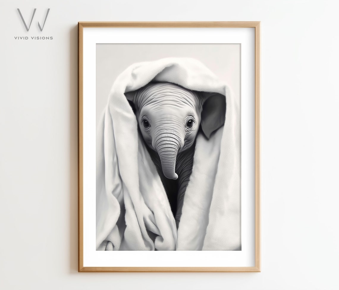 Baby Elephant Peeking Out of a Soft White Towel Nursery Poster