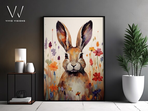 Charming Watercolor Bunny With Tall Ears in a Wildflower Field Poster