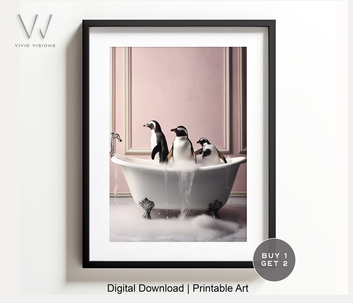 Penguins in a Vintage Bathtub, Rustic Bath Style