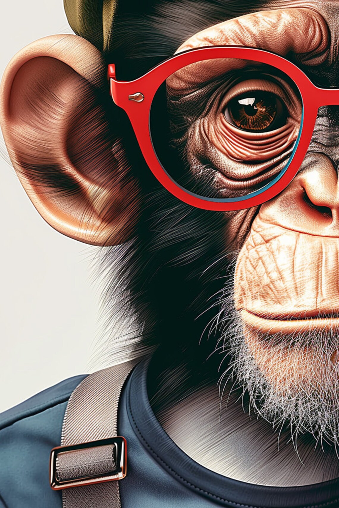 Young Chimp in Olive Cap Red Glasses Suspenders Adorable Poster - Image 2