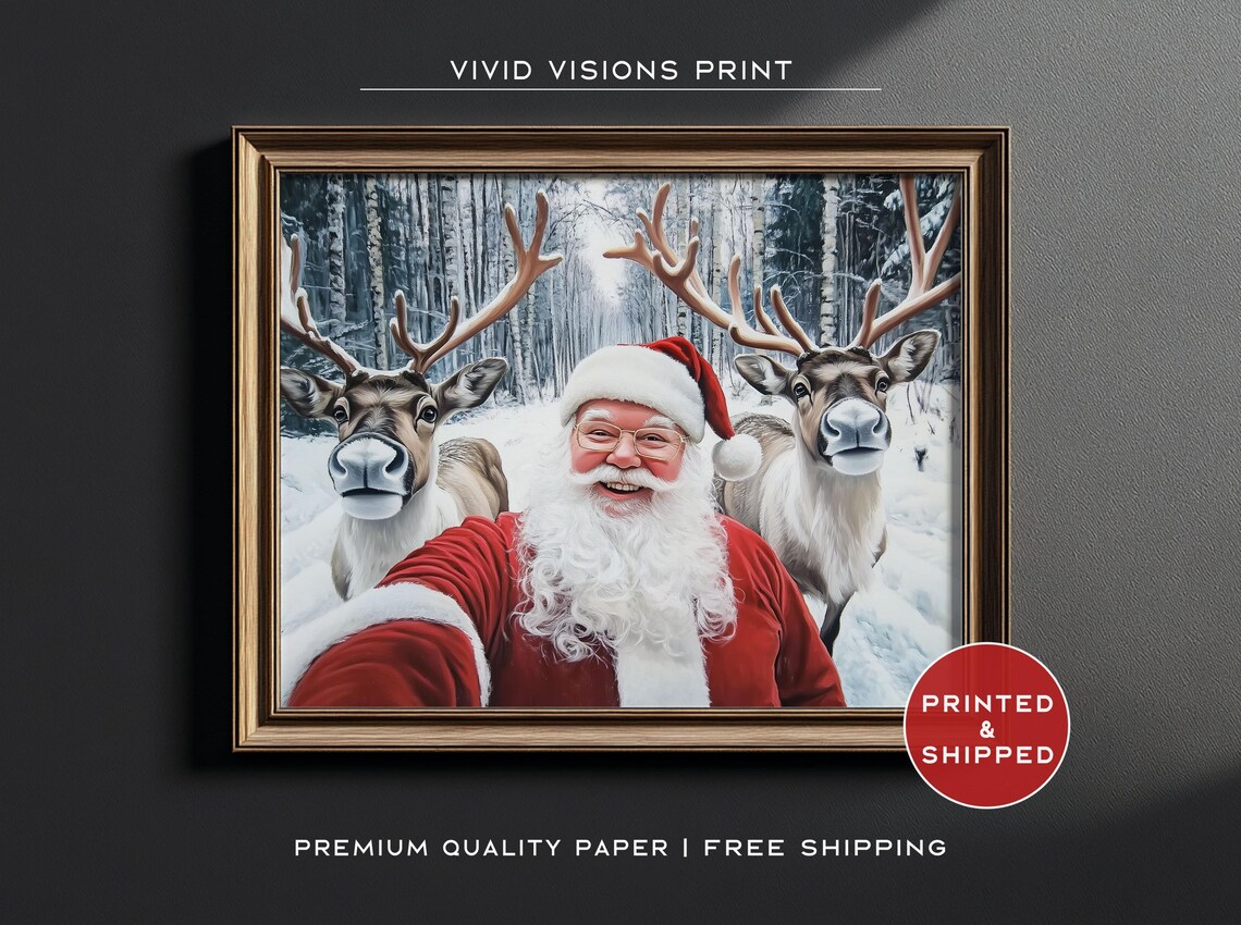 Santa Taking A Selfie With Reindeer Poster Funny Christmas Winter Art
