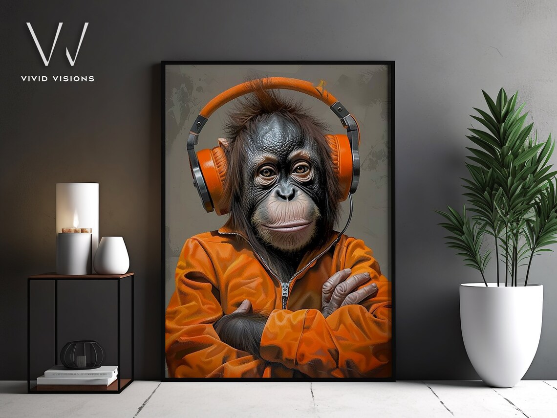 Orangutan in Orange Headphones Confident Music Animal Portrait Poster