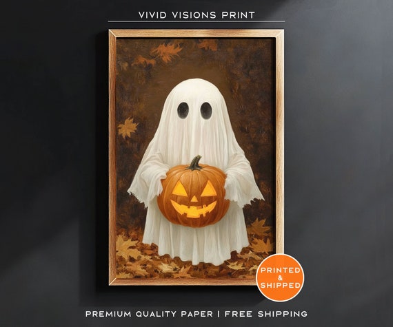 Ghost Holding A Pumpkin Poster Halloween Bathroom Decor Dark Academia Painting Halloween Wall Cute Spooky Poster Unframed Art 1429