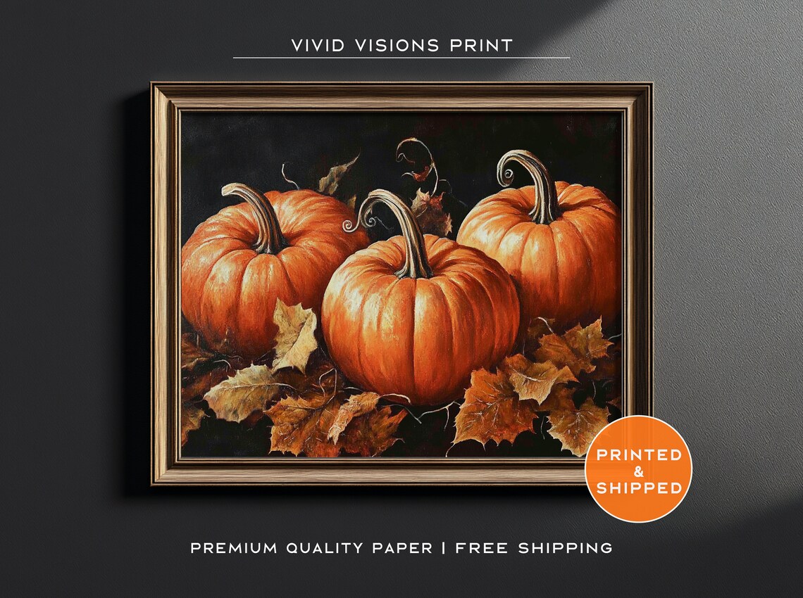 Orange Pumpkin Trio with Curly Vines Dark Rustic Autumn Still Life Print