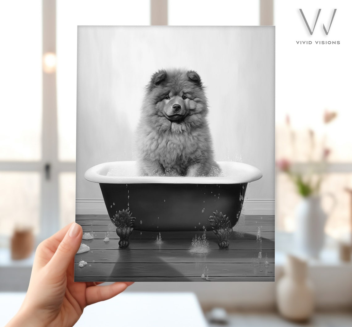 Chow Chow Puppy Bubble Bath Black White Funny Bathroom Poster - Image 4