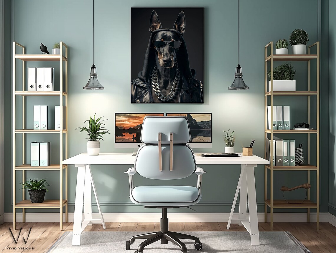 Doberman in Hood Leather Jacket Chain Sunglasses Hip Hop Pet Poster - Image 3