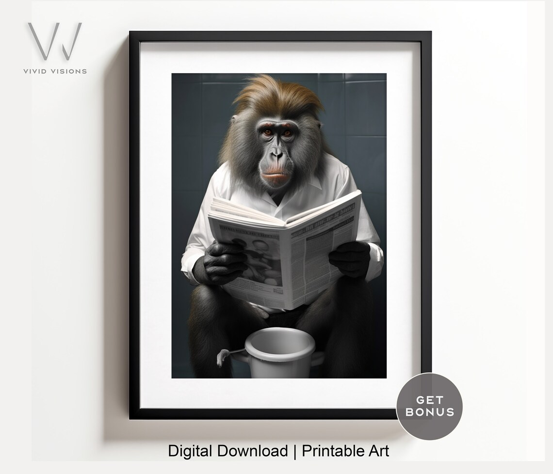 Funny Monkey in a White Shirt Reading Newspaper on the Toilet Poster